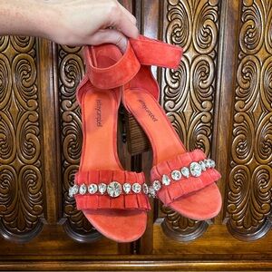 Anthropologie Jeffrey Campbell purdy pink suede ruffle rhinestone block heels
